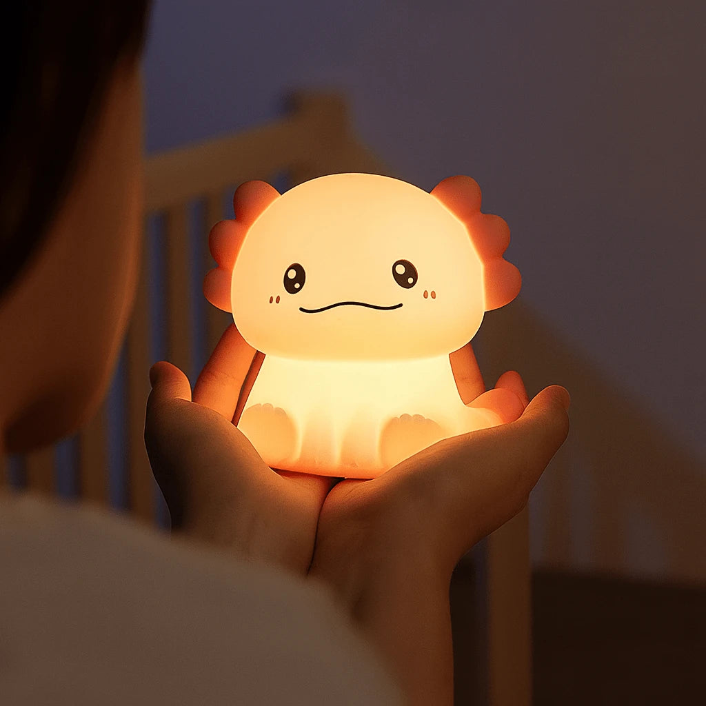 Veilleuse LumiBuddy Axolot tenue dans les mains lumière ambre chambre bébé — Mon Univers - Mes Lumières