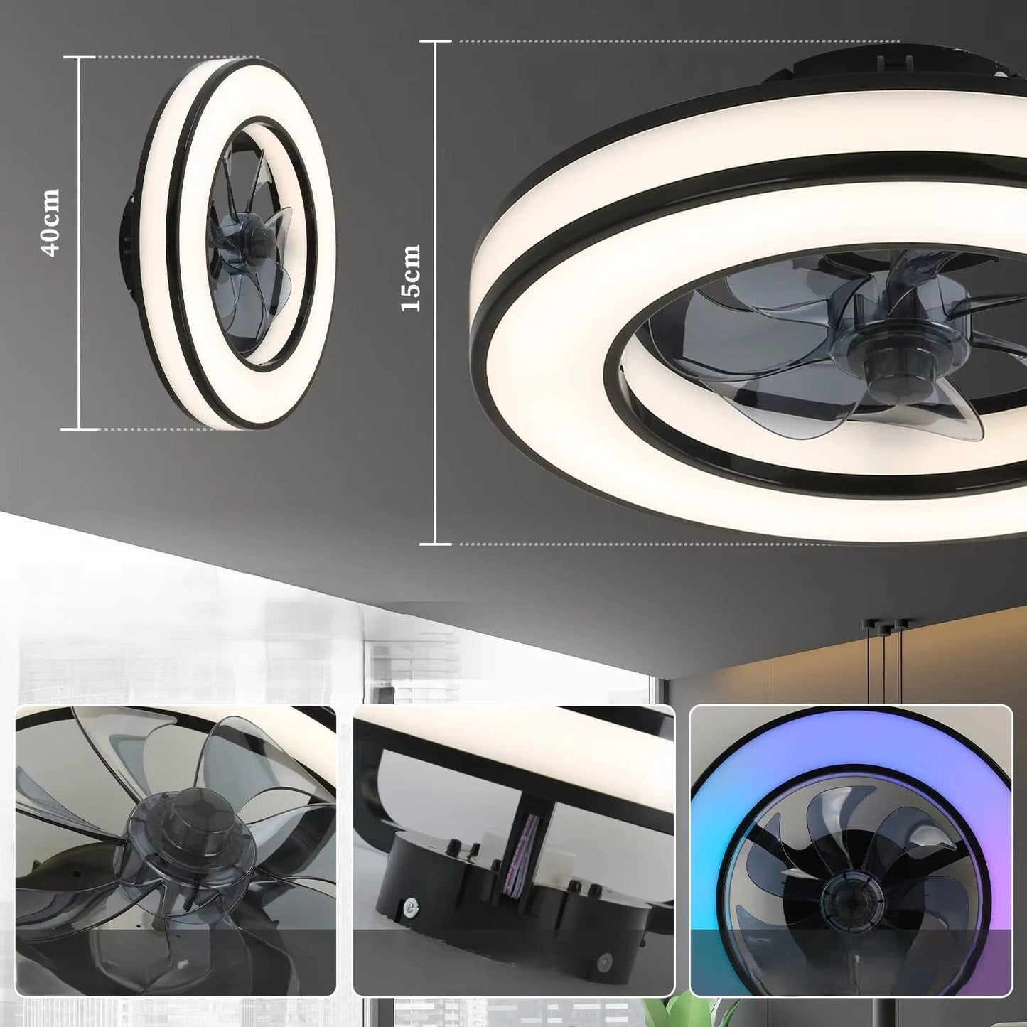 Ventilateur de Plafond RGB SilentBreeze dimensions 40cm moteur DC pales transparentes — Mon Univers - Mes Lumières