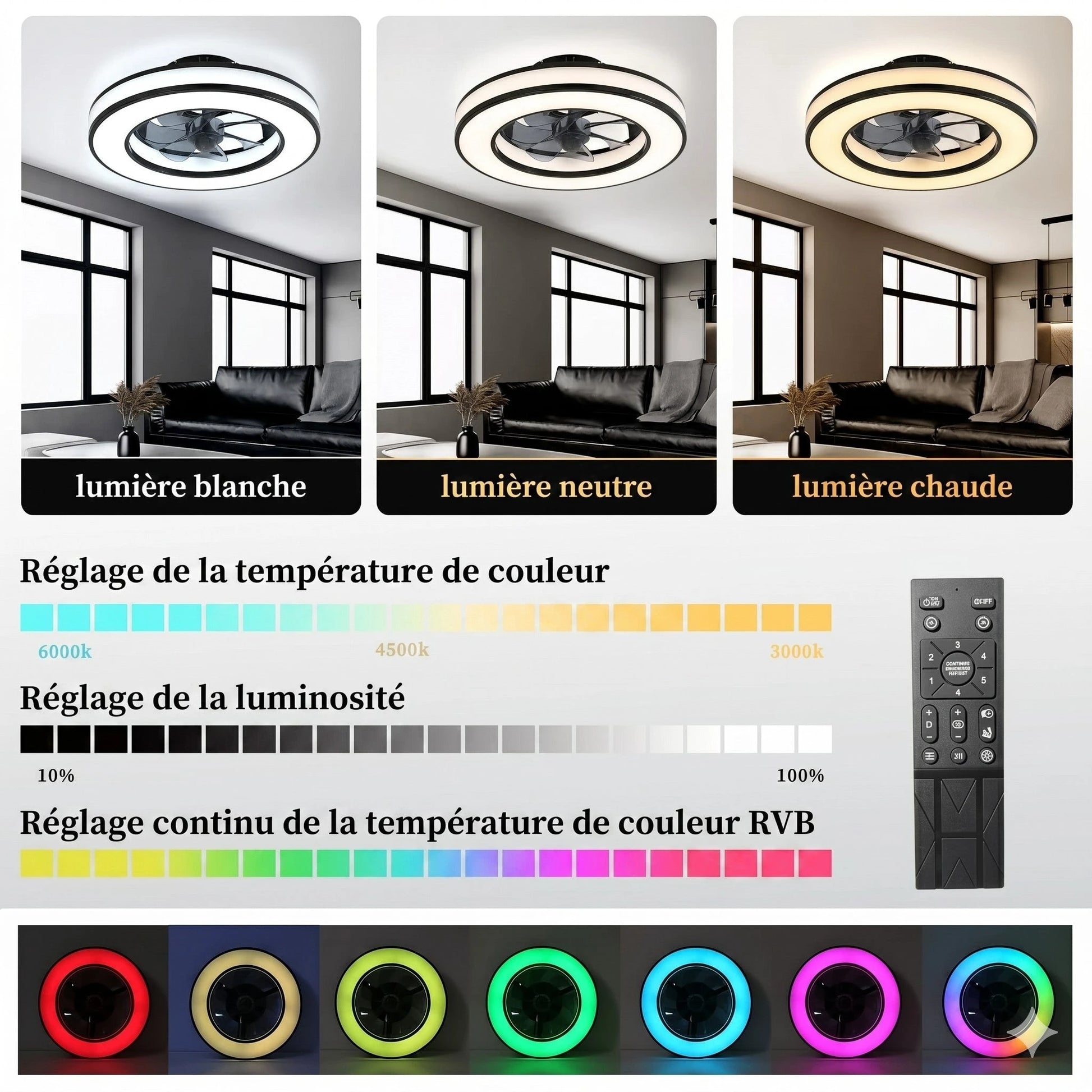 Ventilateur de Plafond RGB SilentBreeze réglage température couleur 6000K à 3000K et palette RGB — Mon Univers - Mes Lumières