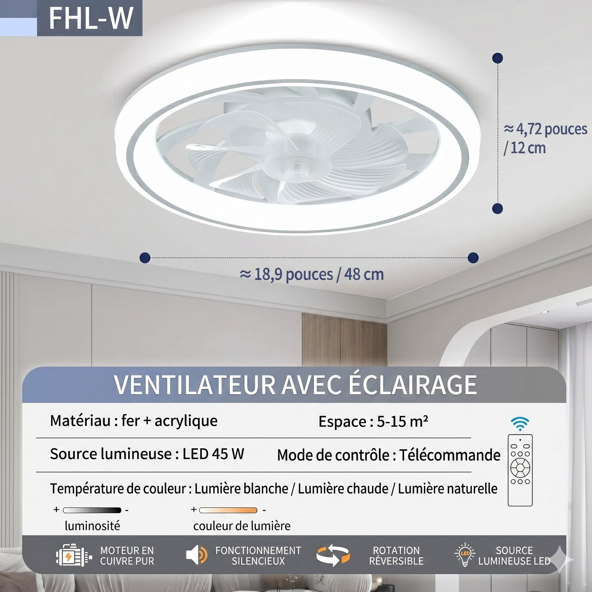 Ventilateur de Plafond Silencieux LED 48 cm 6 vitesses moteur silencieux chambre nuit — Mon Univers - Mes Lumières
