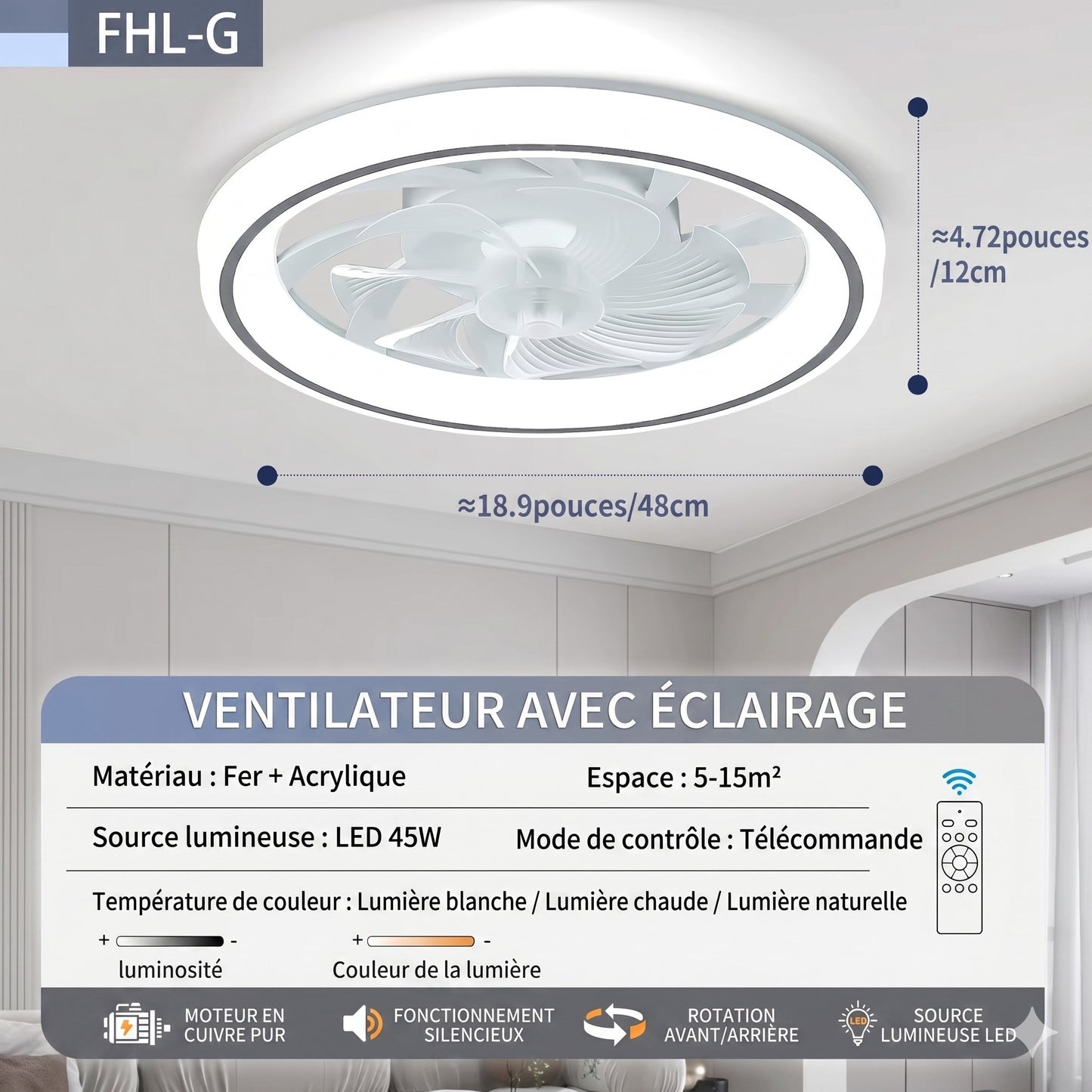Ventilateur de Plafond Silencieux LED 48 cm caractéristiques techniques spécifications — Mon Univers - Mes Lumières