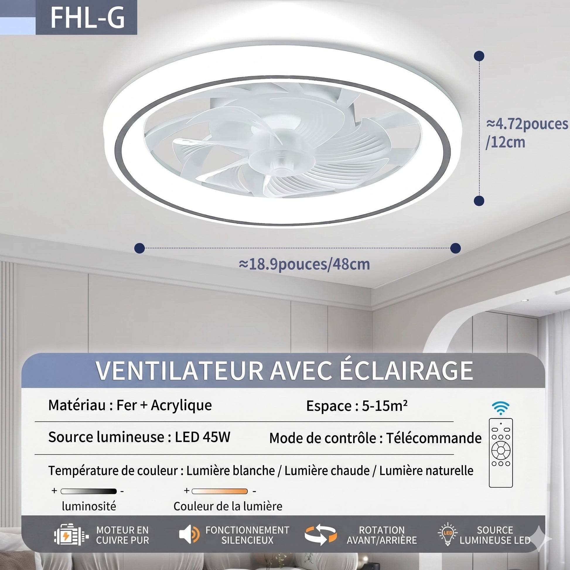 Ventilateur de Plafond Silencieux LED 48 cm caractéristiques techniques spécifications — Mon Univers - Mes Lumières