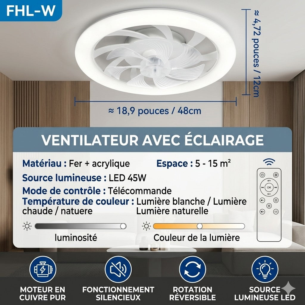 Ventilateur de Plafond Silencieux LED 48 cm coloris blanc XFC vue de face — Mon Univers - Mes Lumières