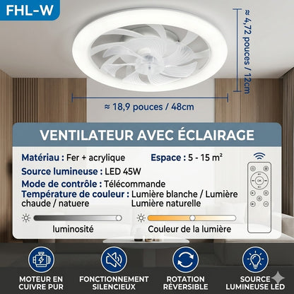Ventilateur de Plafond Silencieux LED 48 cm coloris blanc XFC vue de face — Mon Univers - Mes Lumières