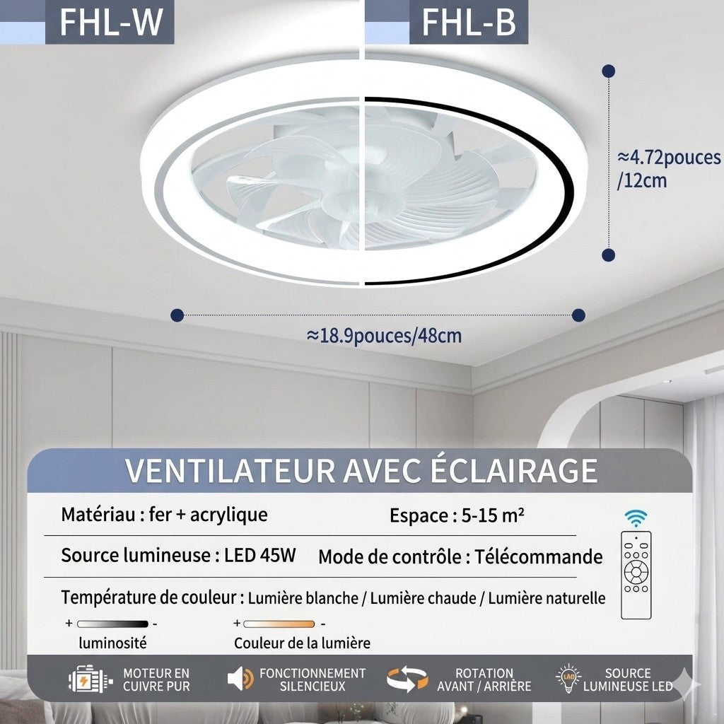 Ventilateur de Plafond Silencieux LED 48 cm télécommande minuterie contrôle distance — Mon Univers - Mes Lumières