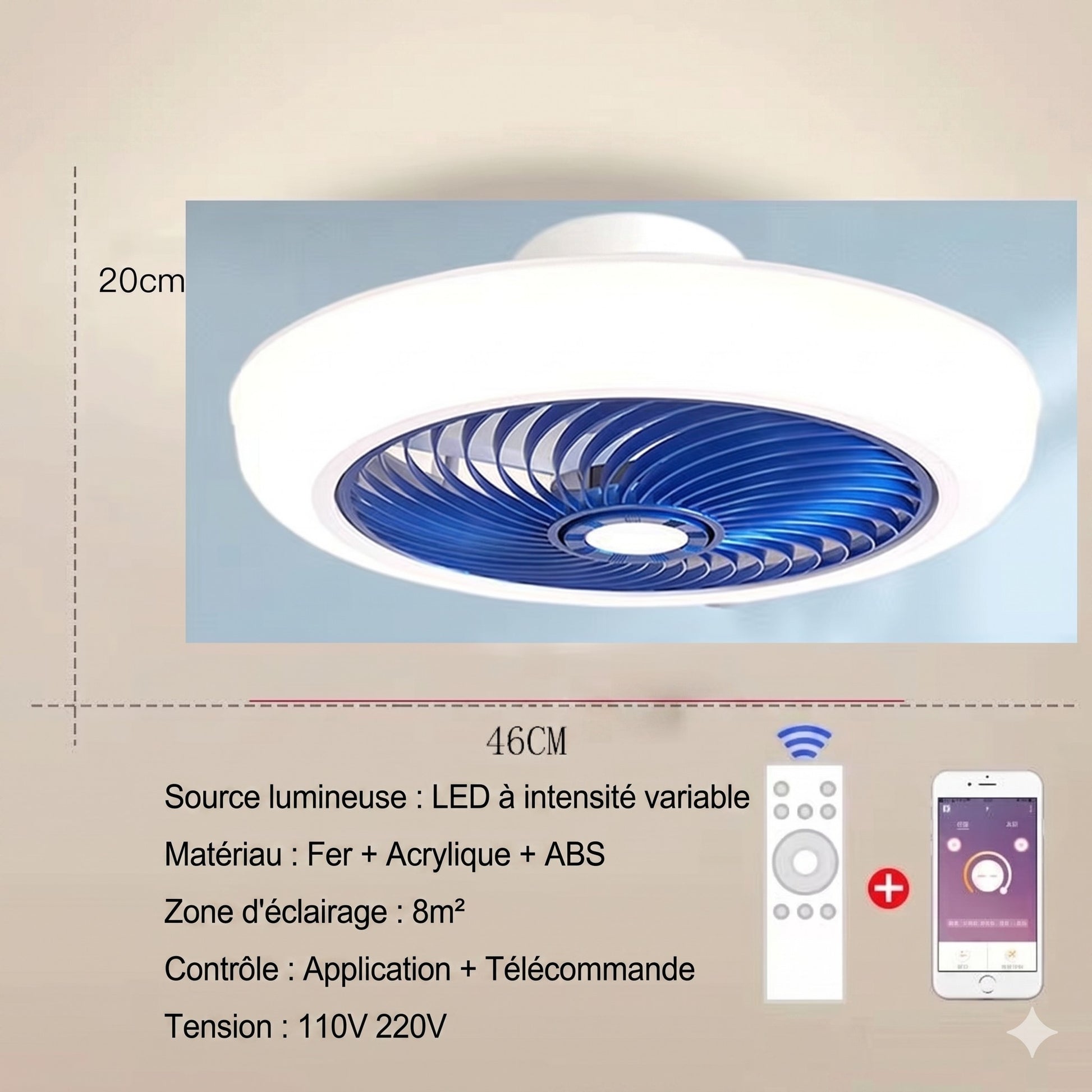 Ventilateur de Plafond Silencieux LED coloris blue vue produit 46cm — Mon Univers_Mes Lumières