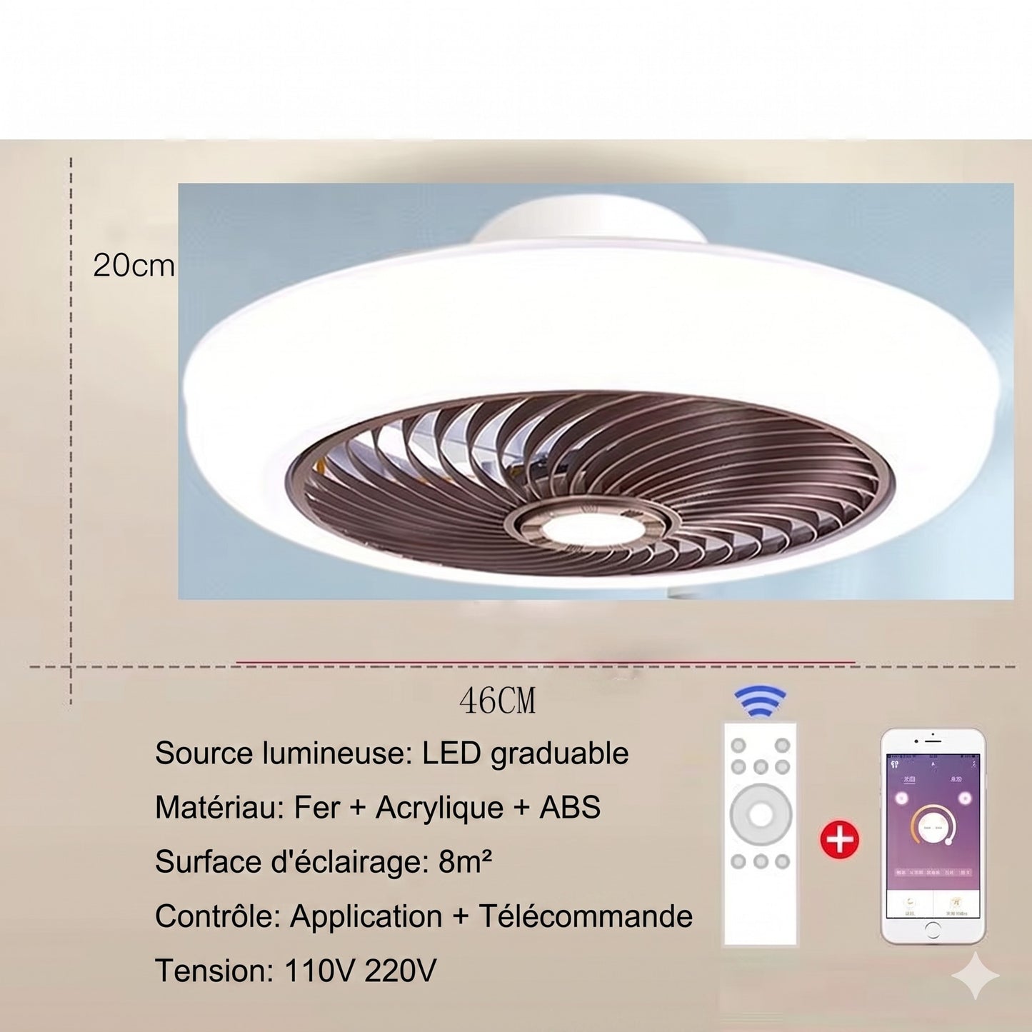 Ventilateur_de_Plafond_Silencieux_LED_coloris_marron_vue_produit_46cm_Mon_Univers_Mes_Lumières