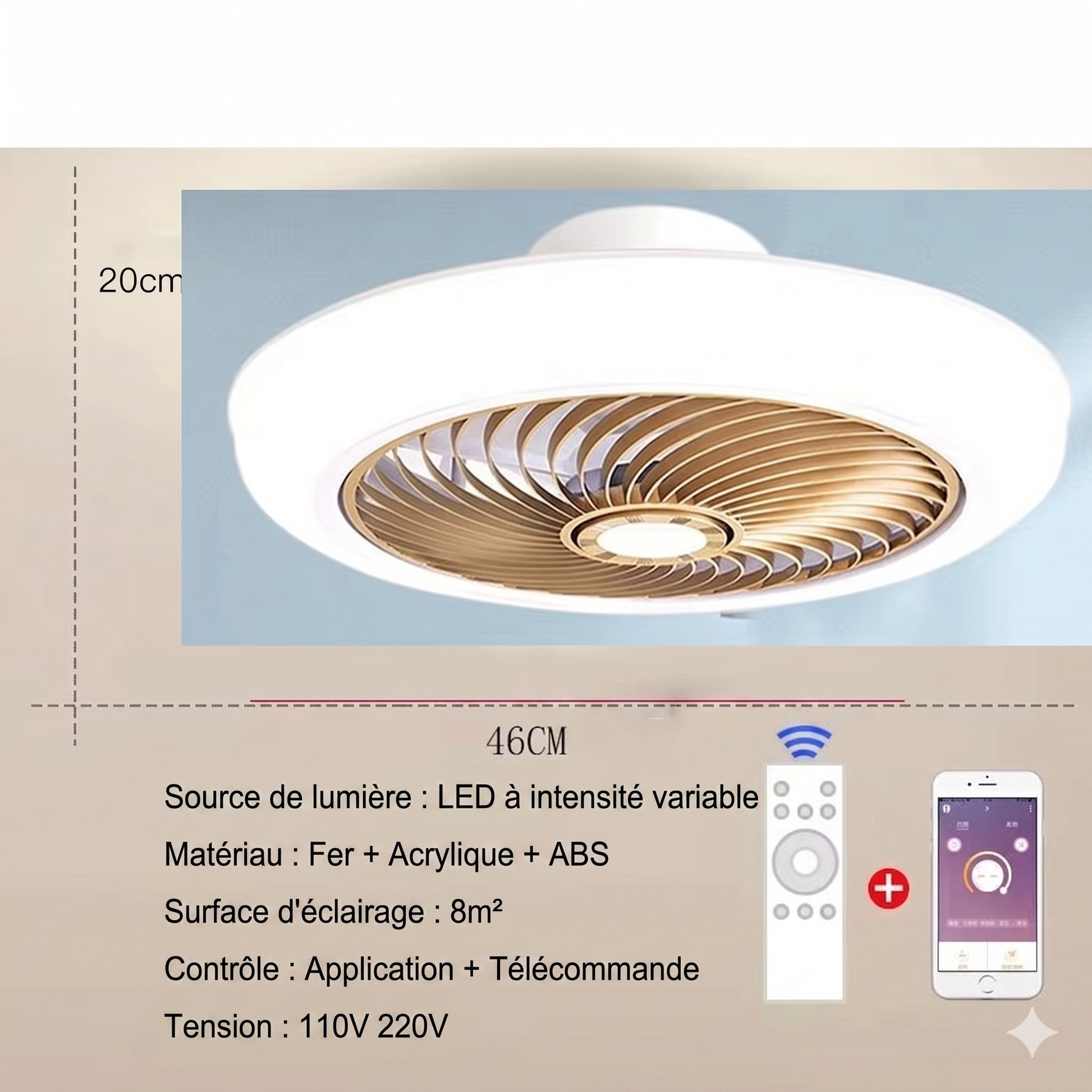 Ventilateur de Plafond Silencieux LED lames rétractées vue dessous — Mon Univers - Mes Lumières