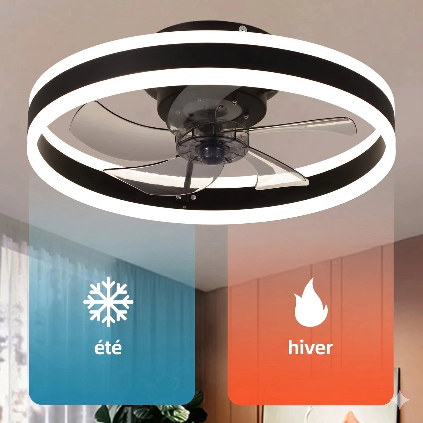 Ventilateur de plafond LED silencieux 5 lames coloris noir vue de face — Mon Univers - Mes Lumières