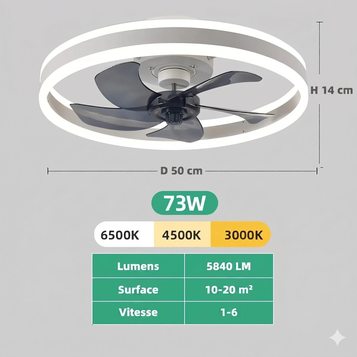 Ventilateur de plafond LED silencieux installé salon ambiance lumière douce soirée — Mon Univers - Mes Lumières