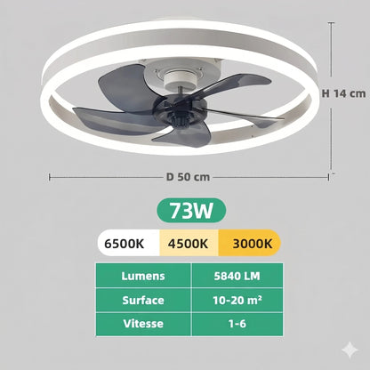 Ventilateur de plafond LED silencieux installé salon ambiance lumière douce soirée — Mon Univers - Mes Lumières