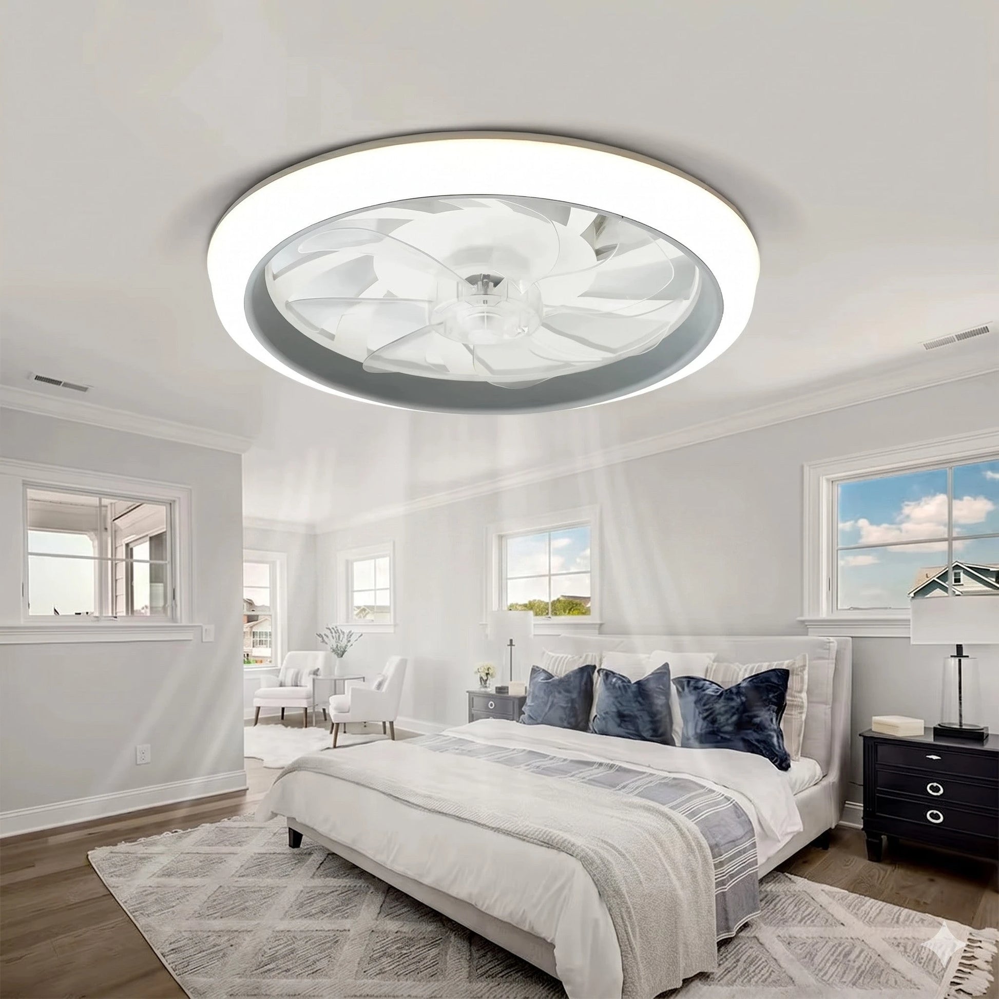 Ventilateur plafond LED blanc chambre couple lit télécommande ambiance — Mon Univers - Mes Lumières