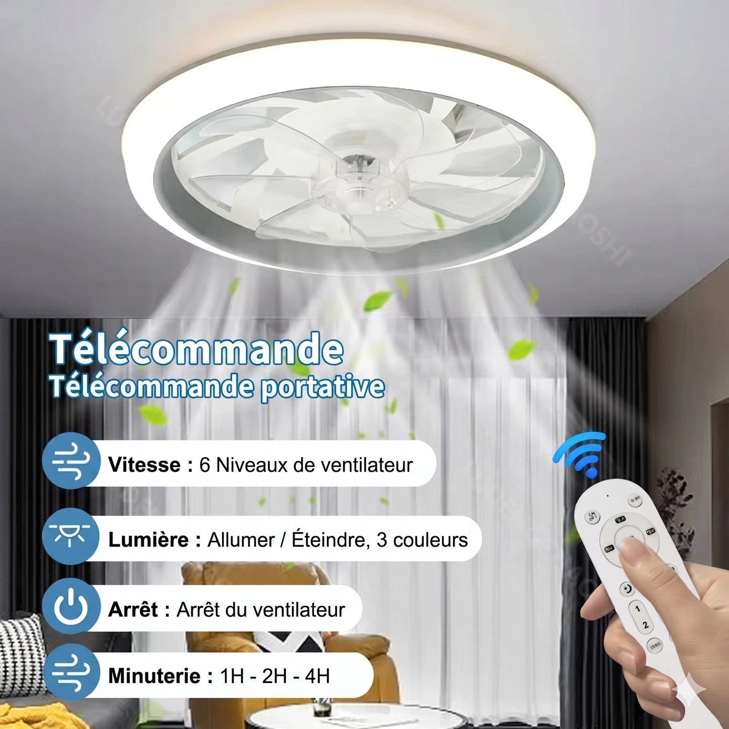Ventilateur plafond LED blanc dimensions 48cm télécommande infrarouge instructions — Mon Univers - Mes Lumières