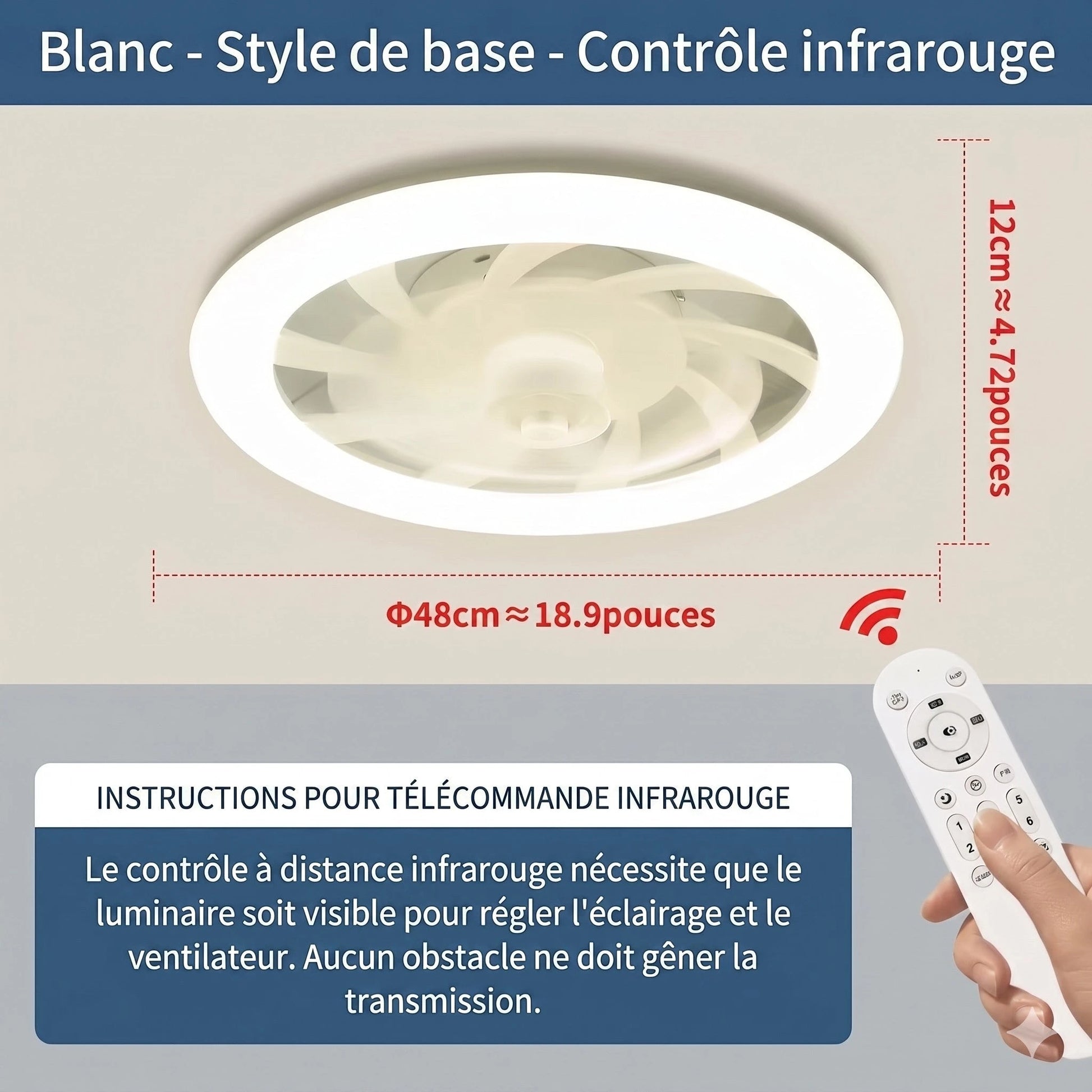Ventilateur plafond LED blanc gris vue dessous pales transparentes plafond — Mon Univers - Mes Lumières