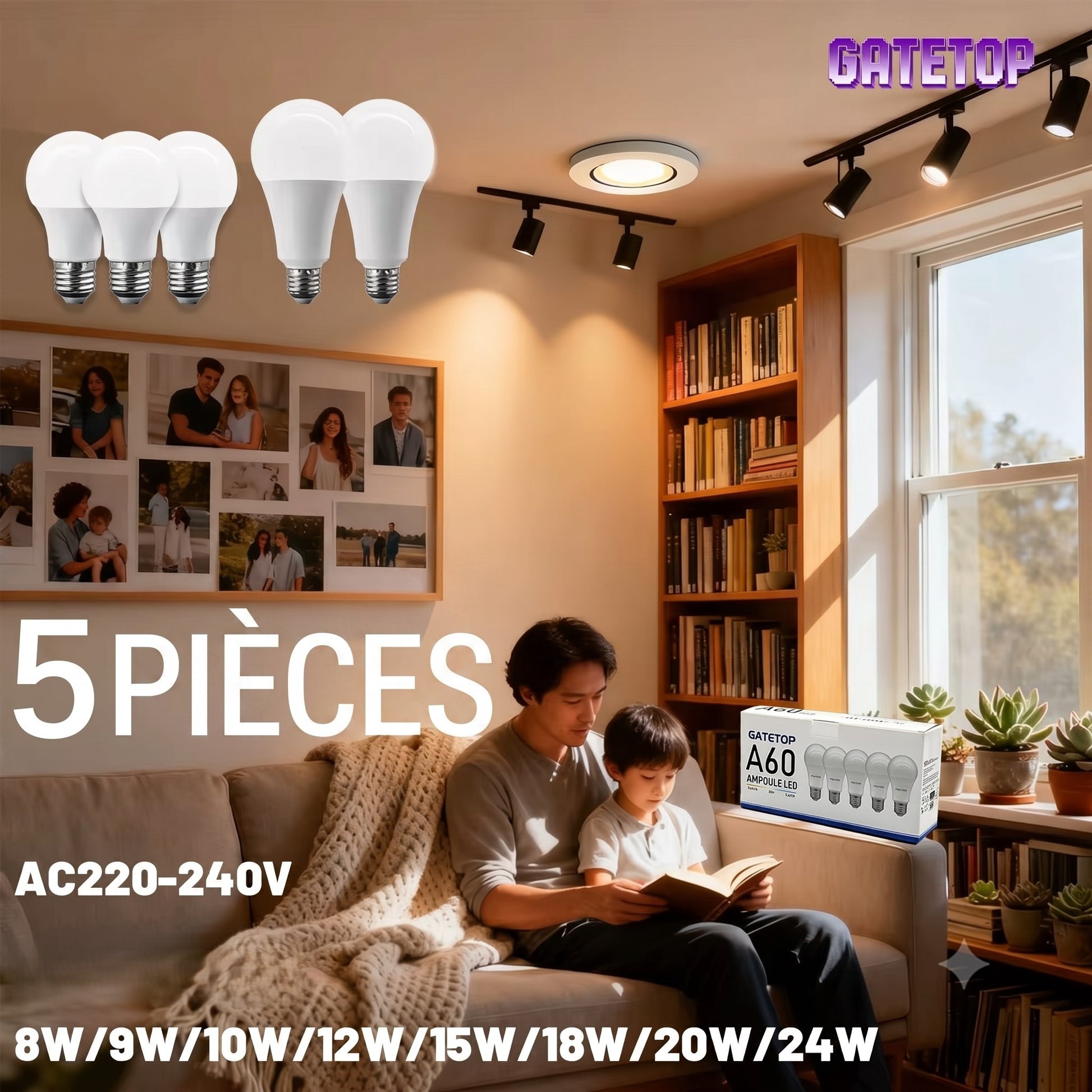 Lot de 5 ampoules LED E27 éclairant un salon chaleureux