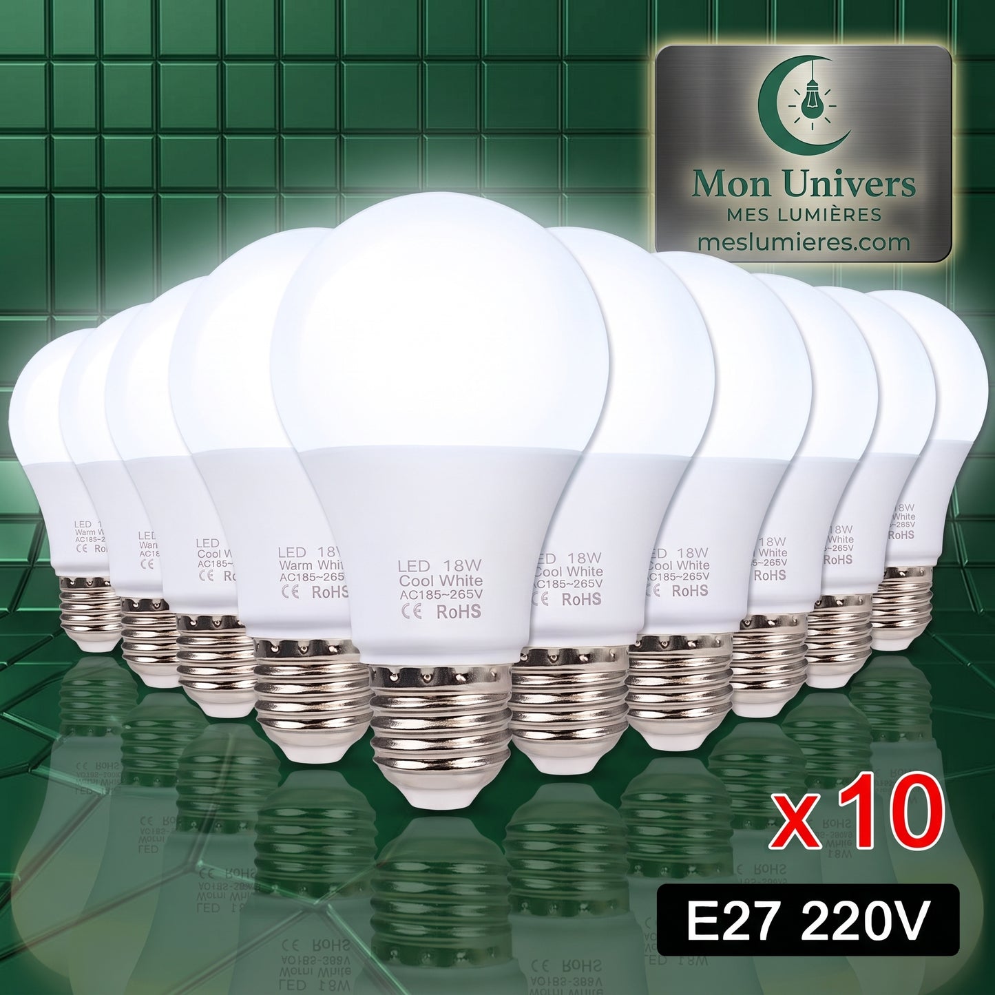 Pack de 10 ampoules LED E27 Dimmable Blanc Froid sur fond vert — Mon Univers - Mes Lumières