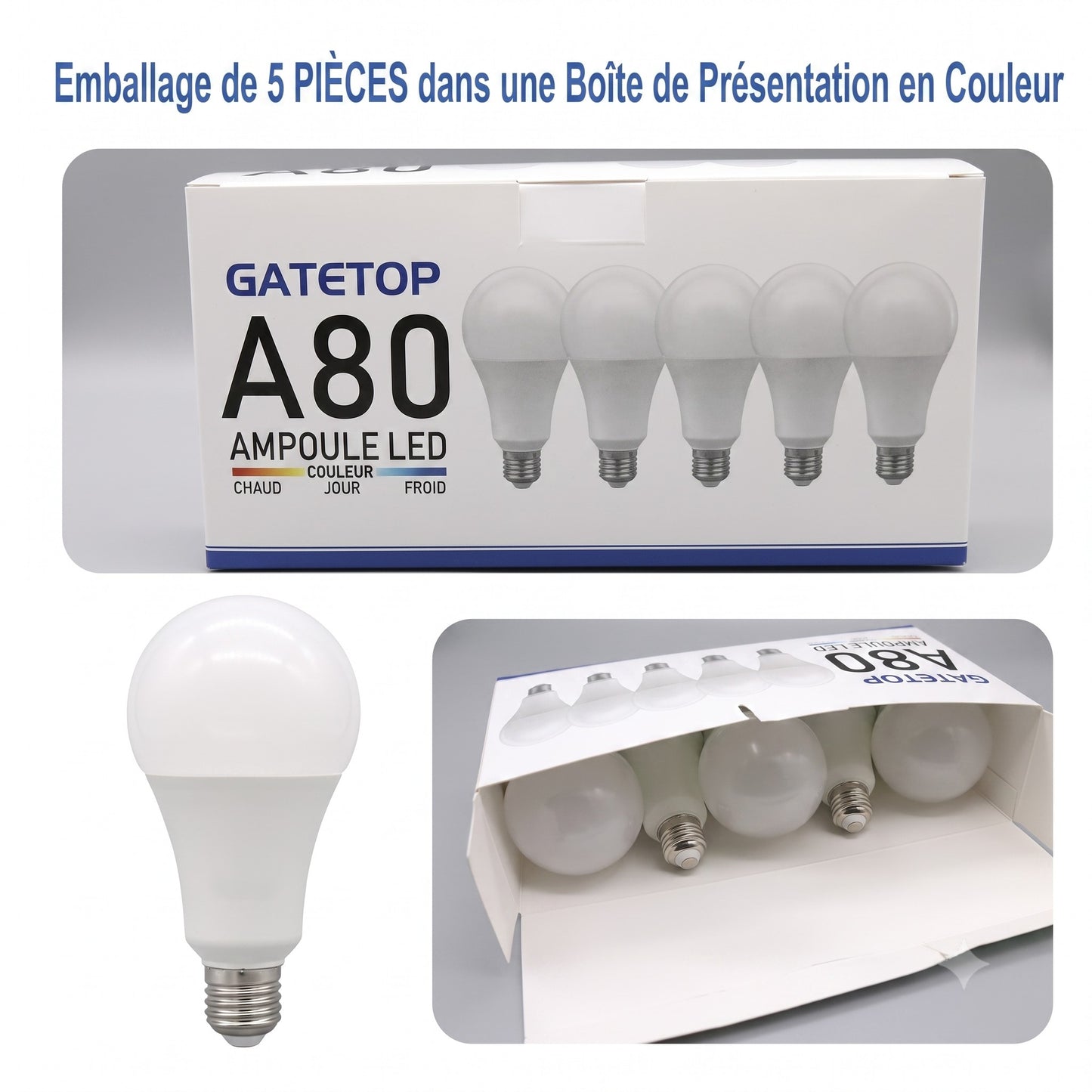 Emballage boîte de 5 ampoules LED E27 A80 Gatetop