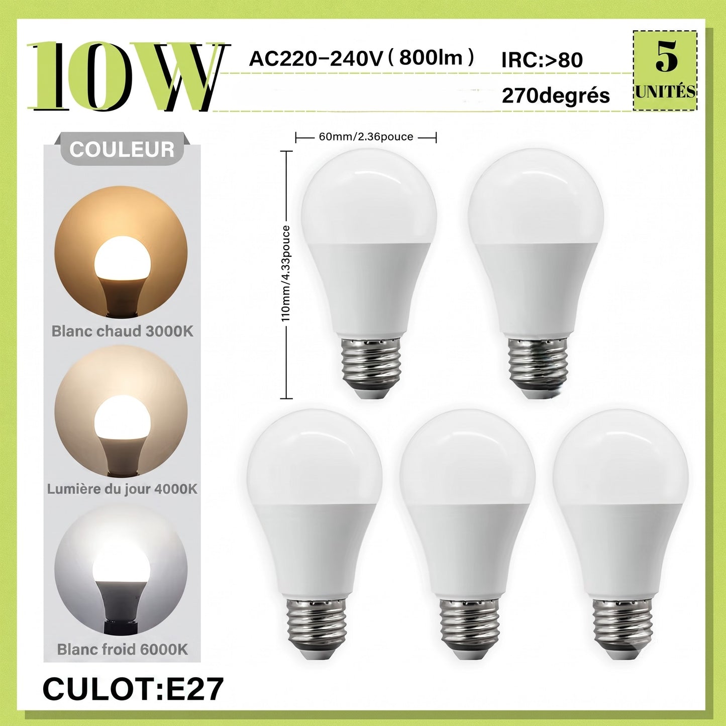 Lot de 5 ampoules LED E27 10W trois températures de couleur