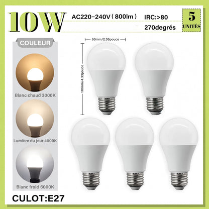 Lot de 5 ampoules LED E27 10W trois températures de couleur