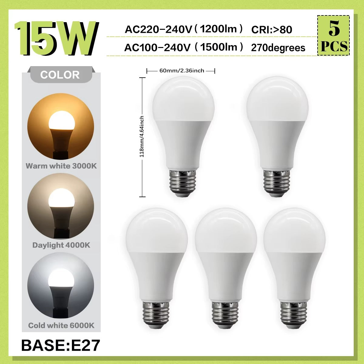 Lot de 5 ampoules LED E27 15W haute luminosité 1200 lumens