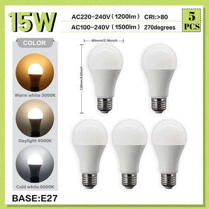 Lot de 5 ampoules LED E27 15W haute luminosité 1200 lumens