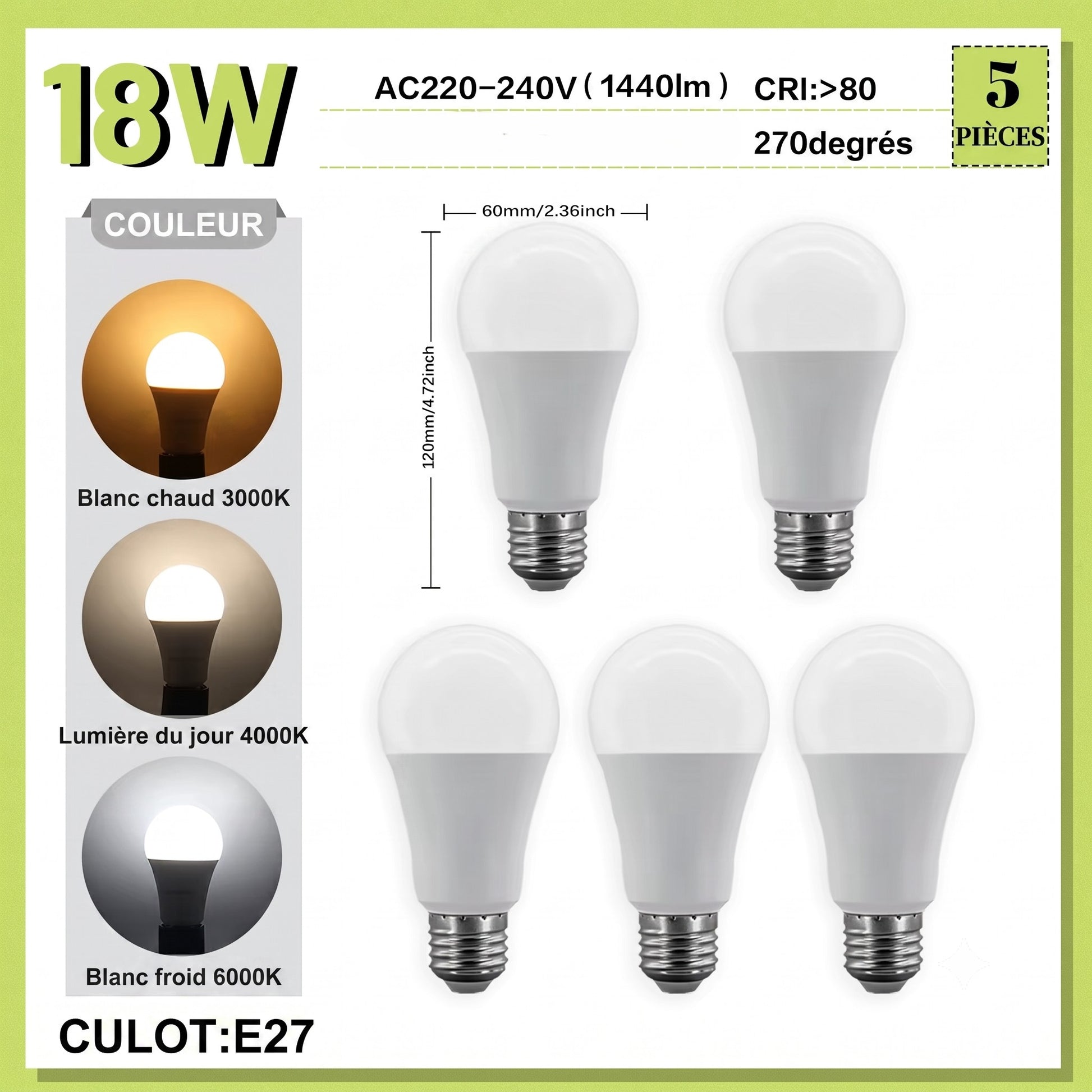 Lot de 5 ampoules LED E27 18W éclairage puissant 1440 lumens