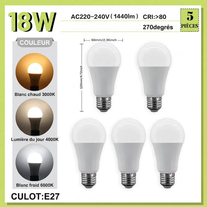Lot de 5 ampoules LED E27 18W éclairage puissant 1440 lumens