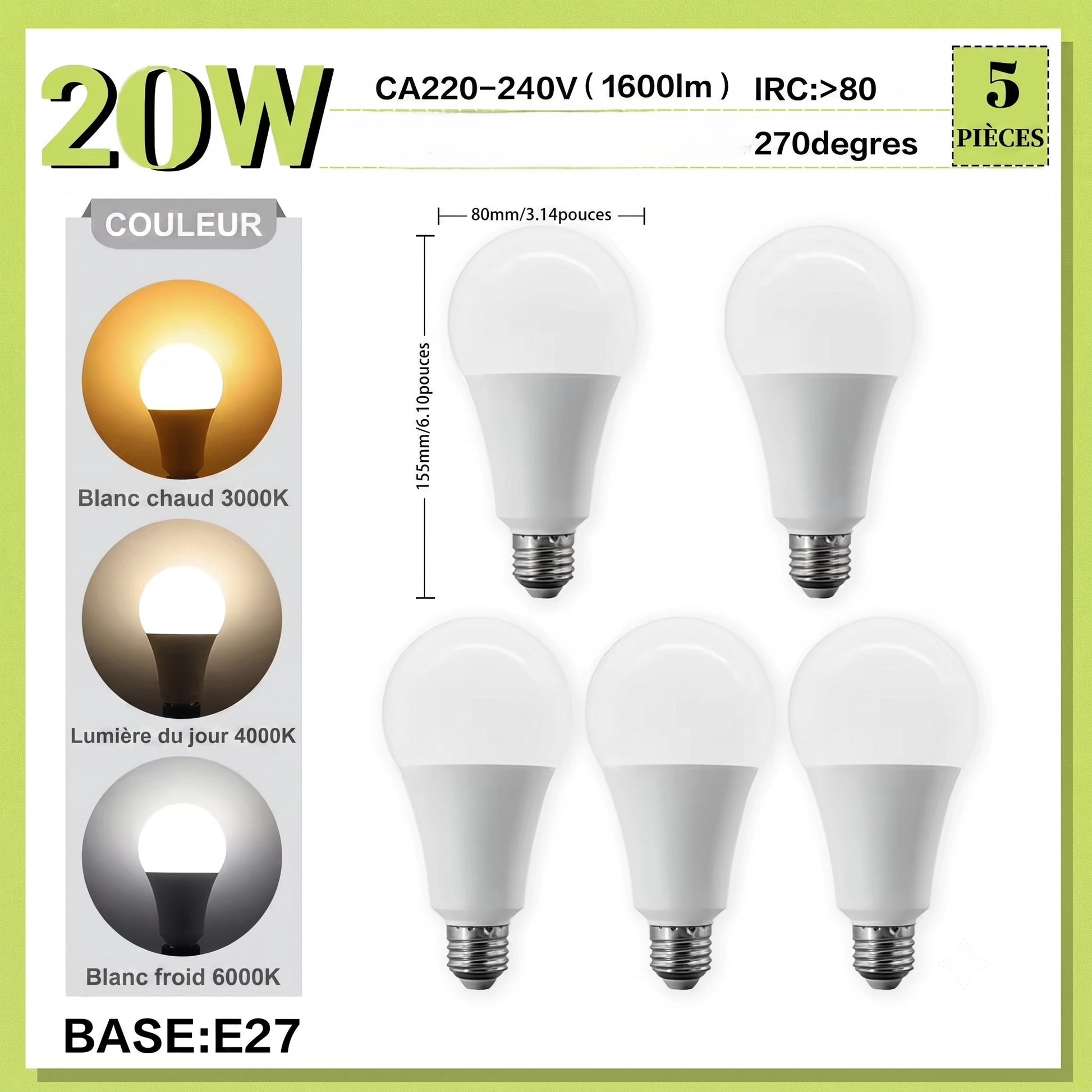 Lot de 5 ampoules LED E27 20W grande puissance format A80