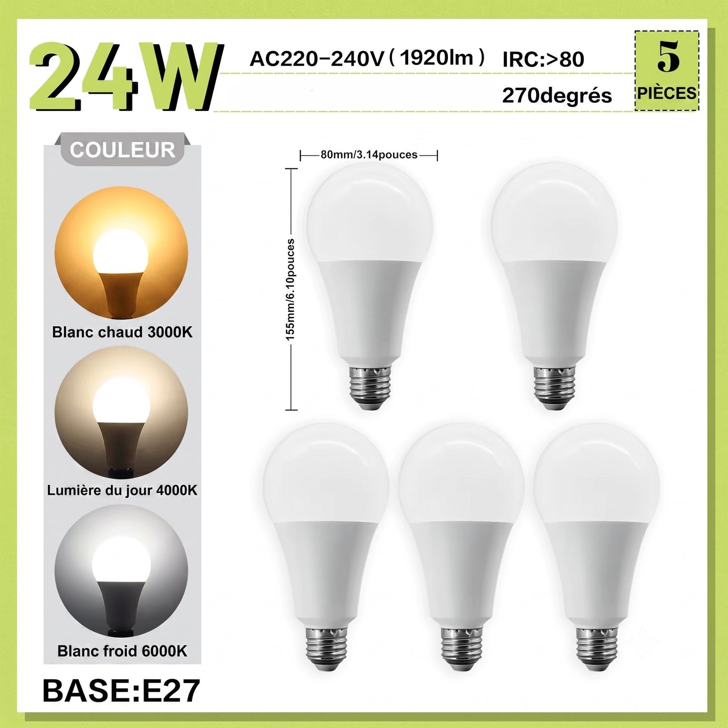 Lot de 5 ampoules LED E27 24W très haute luminosité 1920 lumens