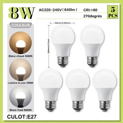 Lot de 5 ampoules LED E27 8W culot standard