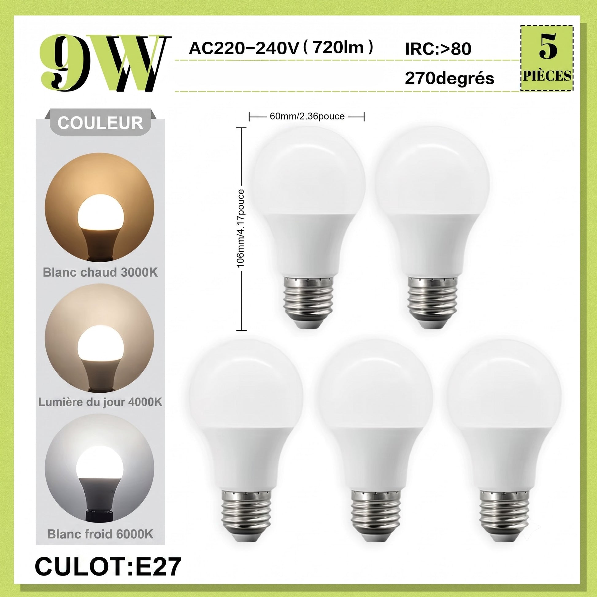 Lot de 5 ampoules LED E27 9W économie énergie