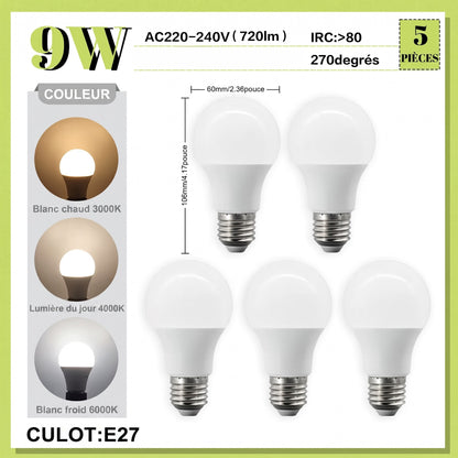 Lot de 5 ampoules LED E27 9W économie énergie