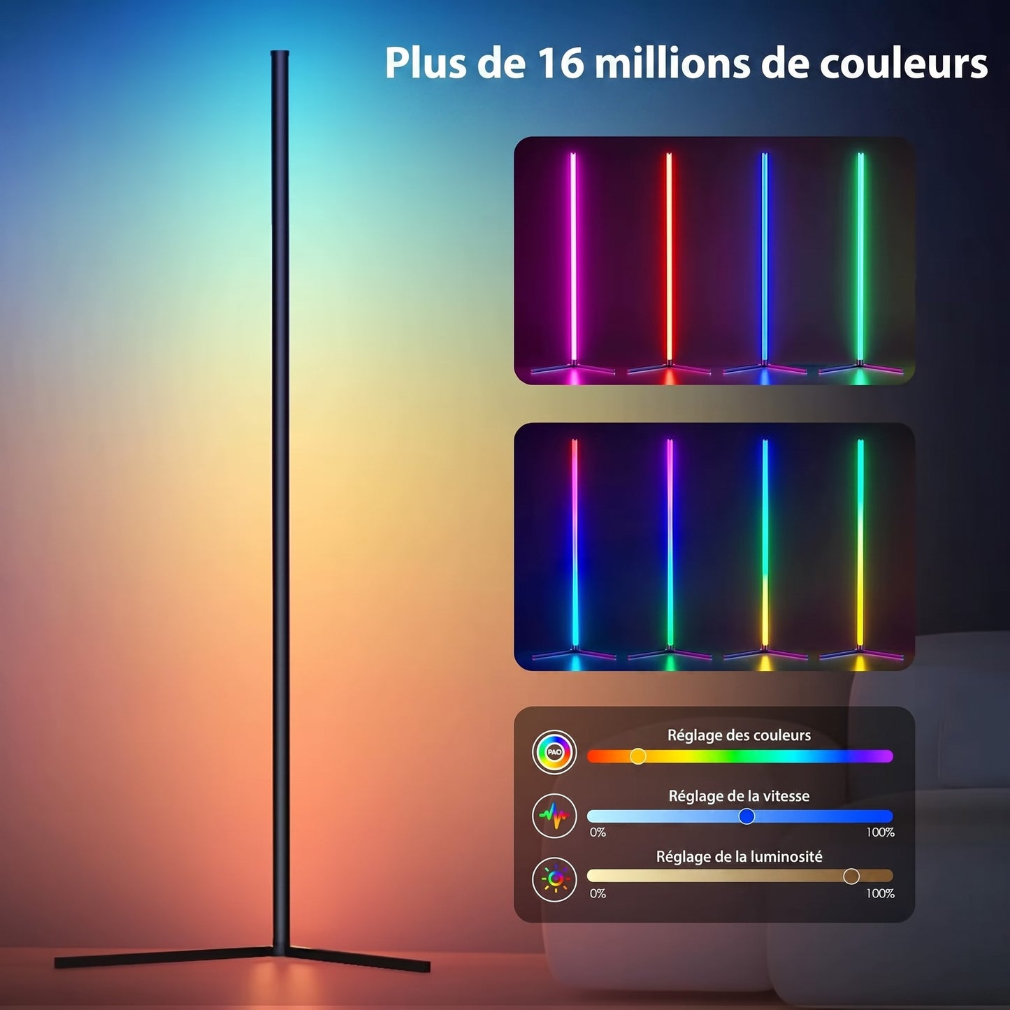 Lampadaire sur pied RGB 16 millions de couleurs avec réglage luminosité et vitesse — Mon Univers - Mes Lumières