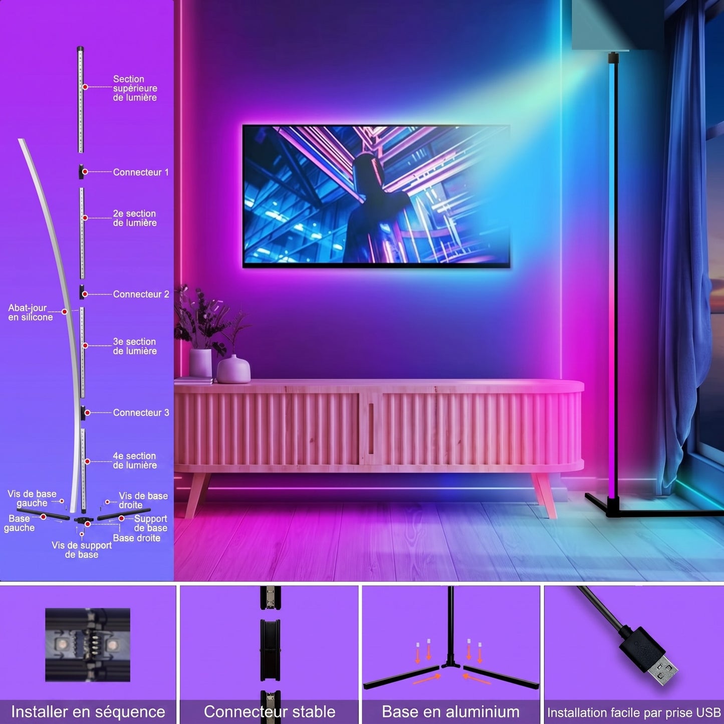 Lampadaire sur pied RGB schéma d'assemblage connecteurs base aluminium et câble USB — Mon Univers - Mes Lumières