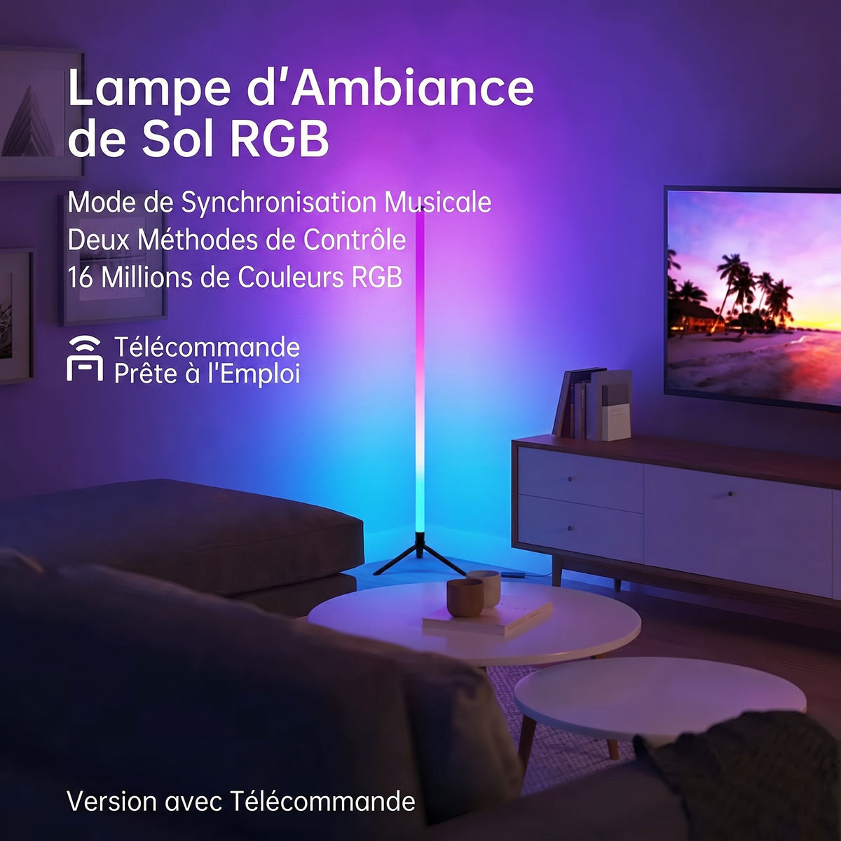 Lampe de sol LED RGB dans un salon ambiance colorée — Mon Univers - Mes Lumières
