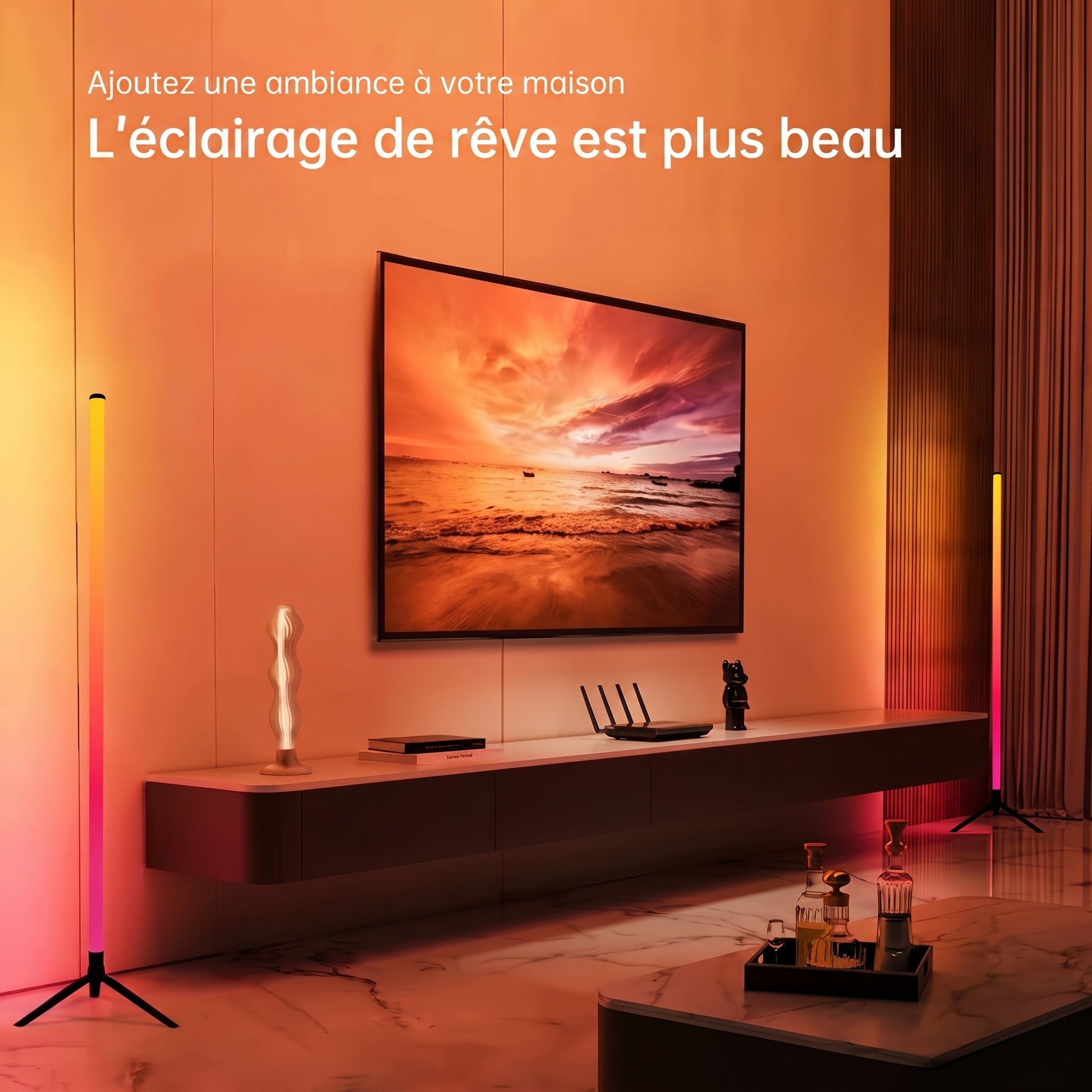 Lampe de sol LED RGB dans un salon devant la télévision — Mon Univers - Mes Lumières