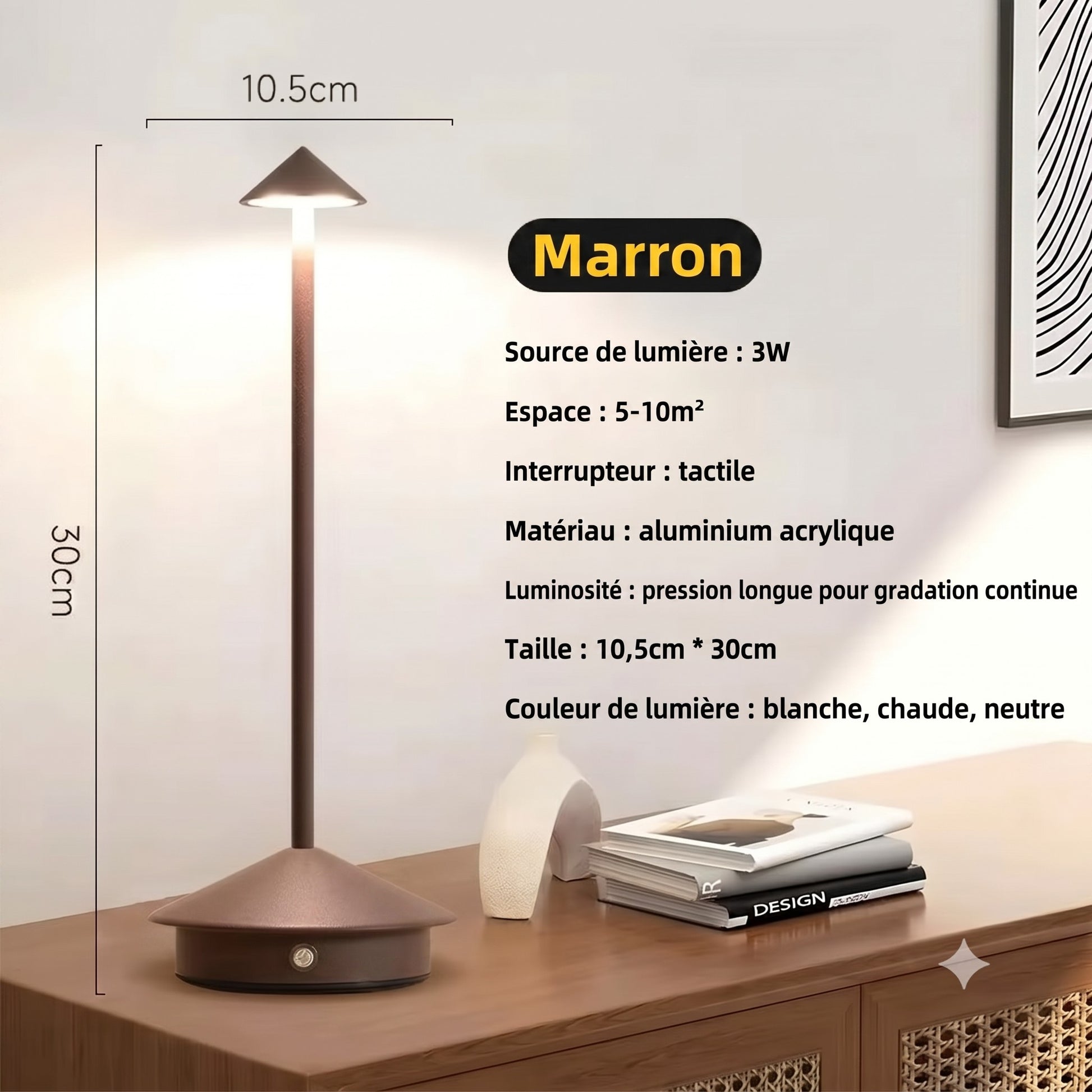Lampe de Table LED Tactile Sans Fil coloris Marron pour hôtel et restaurant — Mon Univers - Mes Lumières