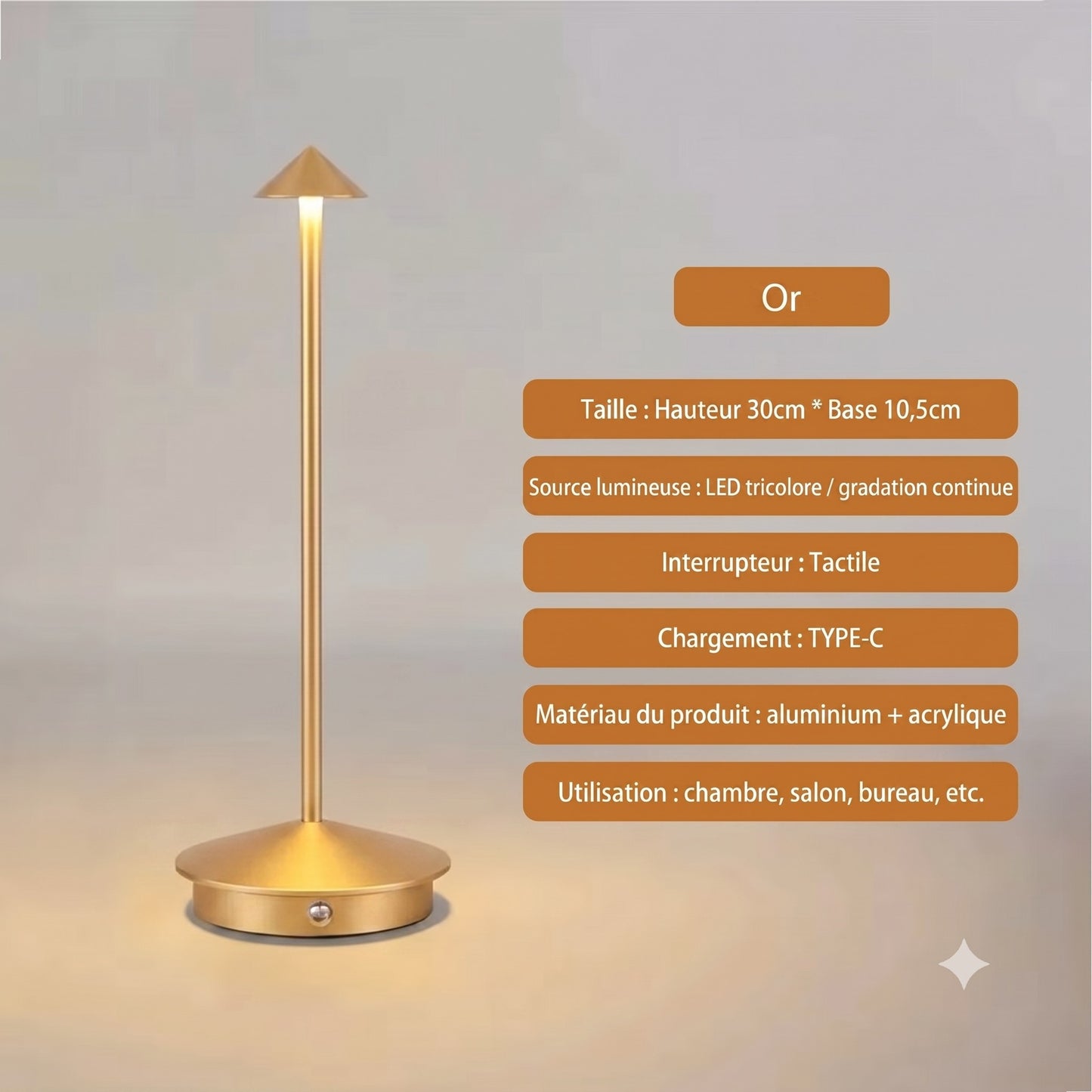 Lampe de Table LED Tactile Sans Fil coloris Or pour hôtel et restaurant — Mon Univers - Mes Lumières