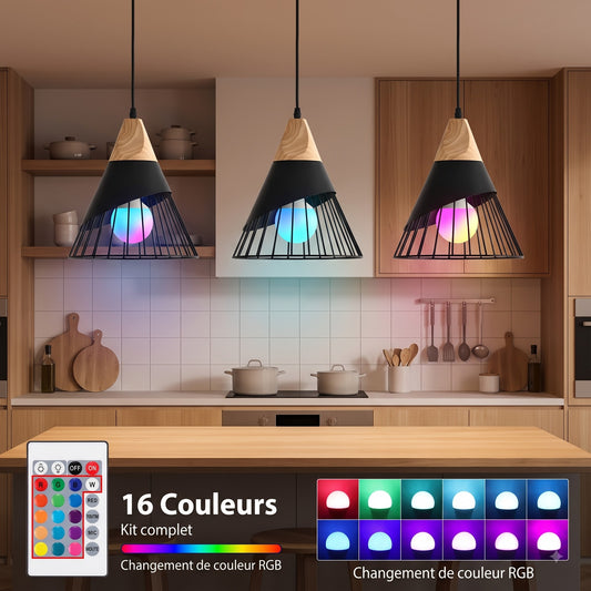 Ampoule LED RGB 20W mise en scène 3 ampoules et luminaire îlot cuisine — Mon Univers - Mes Lumières
